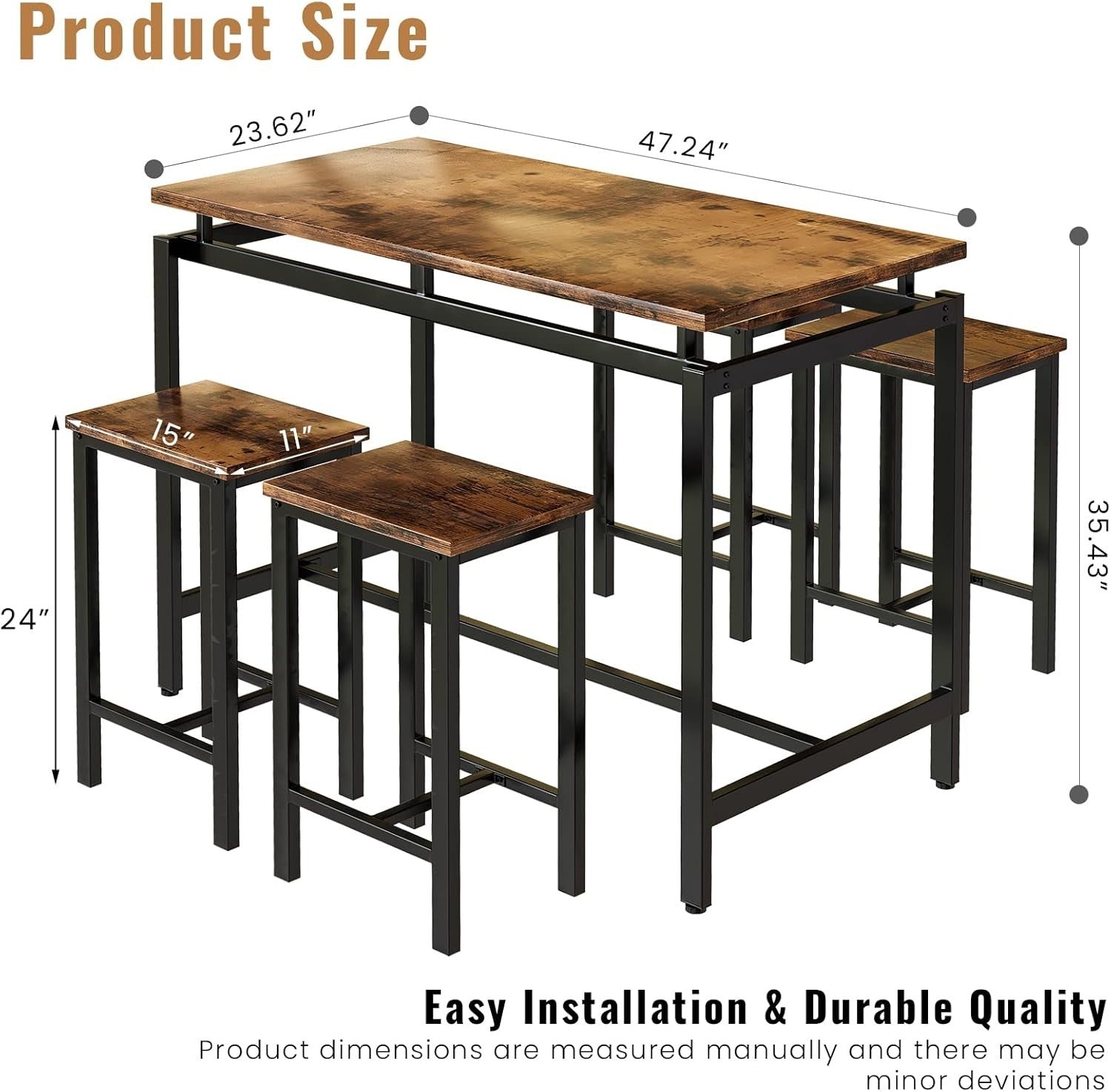 Rustic Brown 5-Piece Counter Height Dining Table Set with 4 Stools Space Saving