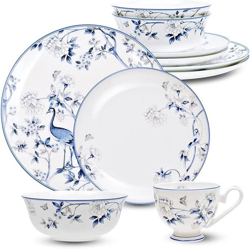 16pc Fine Bone China Dinnerware Set Blue White Plates Bowls Cups Service for 4