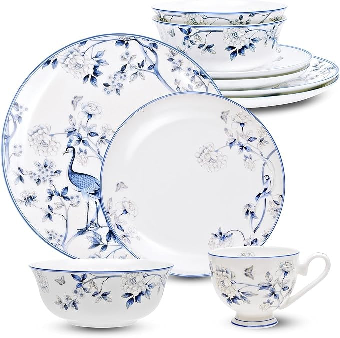 16pc Fine Bone China Dinnerware Set Blue White Plates Bowls Cups Service for 4