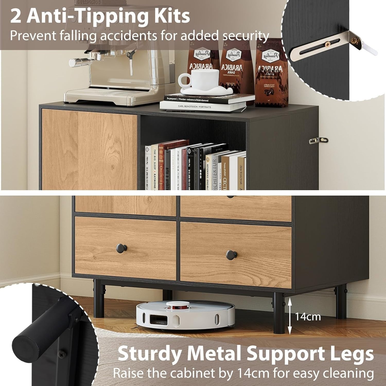 Modern 4 Drawer Sideboard Cabinet with Open Shelf & Anti-Tip Safety Black