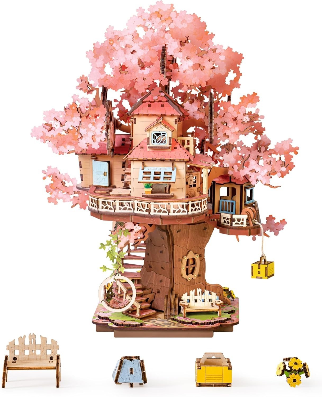 3D Wooden Sakura Tree House Puzzle – DIY Model Kit for Home Decor