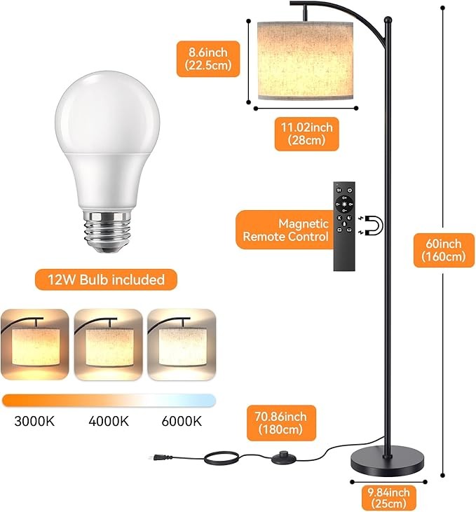 Arc Floor Lamp Dimmable Remote Control Modern Standing Light Beige Shade