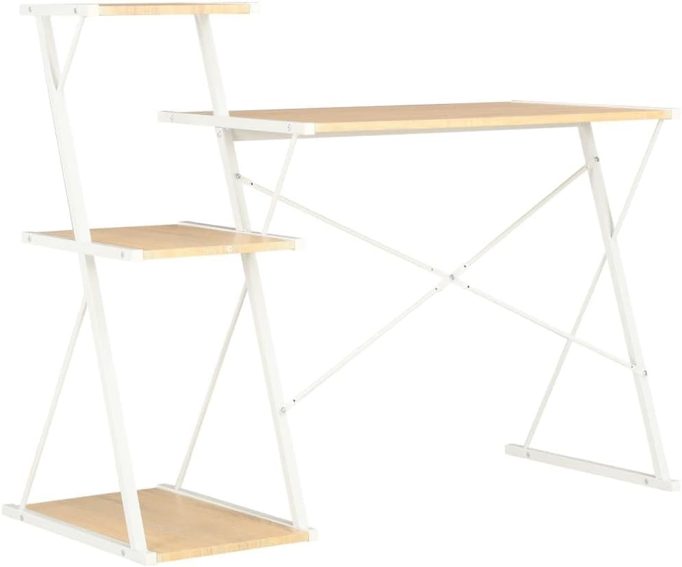 White Brown Z-Shaped Computer Desk 116cm with 3 Tier Shelves
