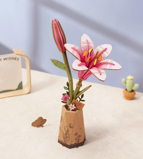 3D Wooden Flower Puzzle Pink Lily - DIY Craft Kit, Perfect Gift & Decor