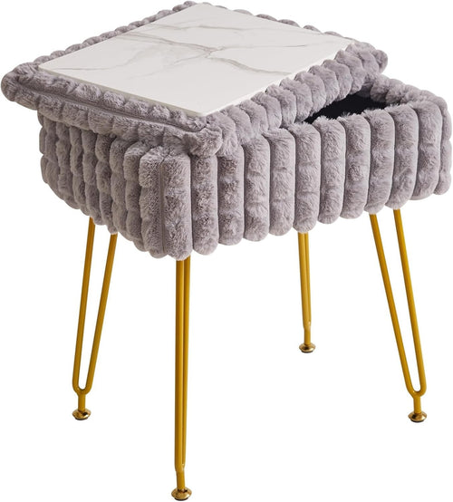 Grey Rectangular Vanity Stool with Storage – Modern Footrest & Side Table