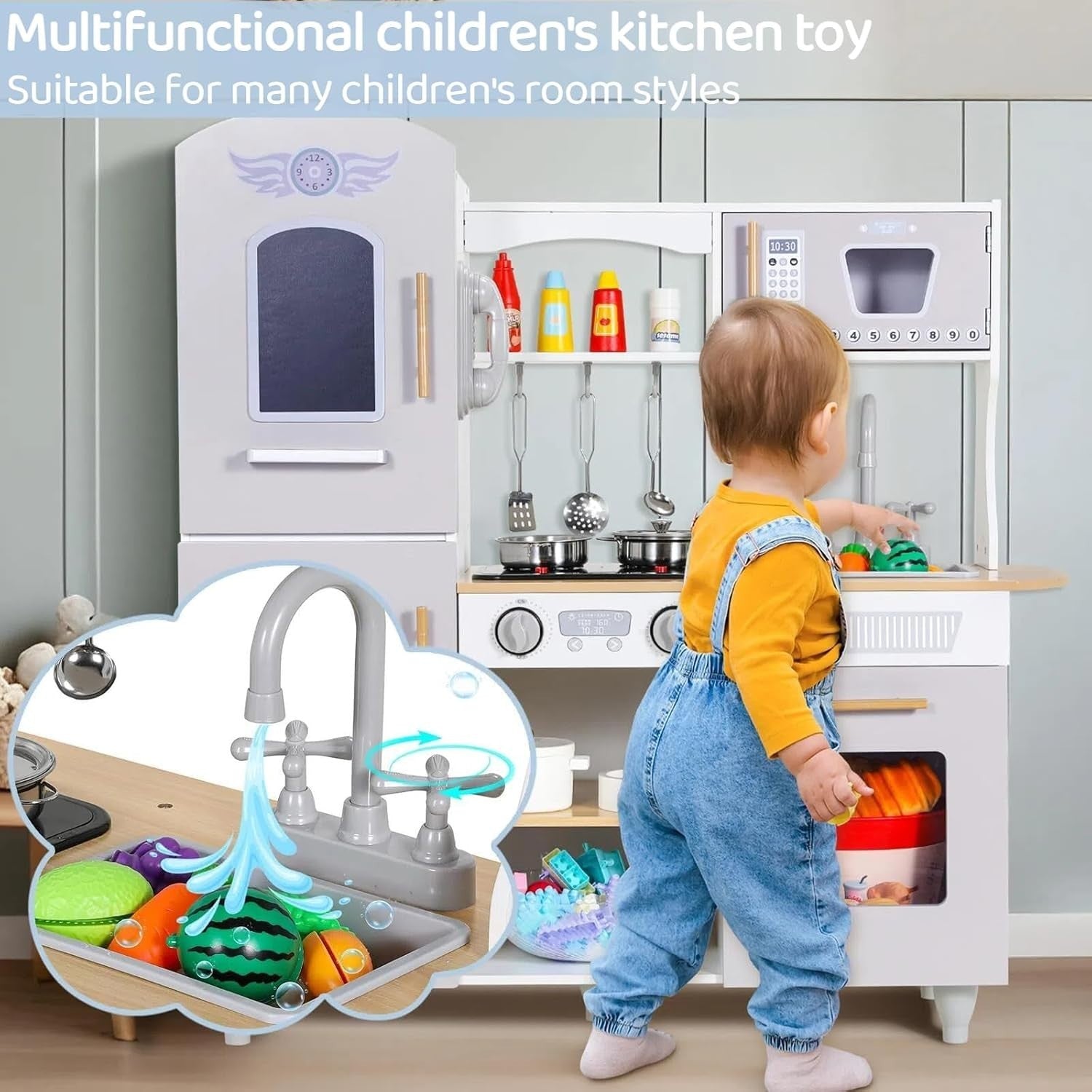 Kids Wooden Play Kitchen w/ Lights Sounds Ice Cream Maker Grey