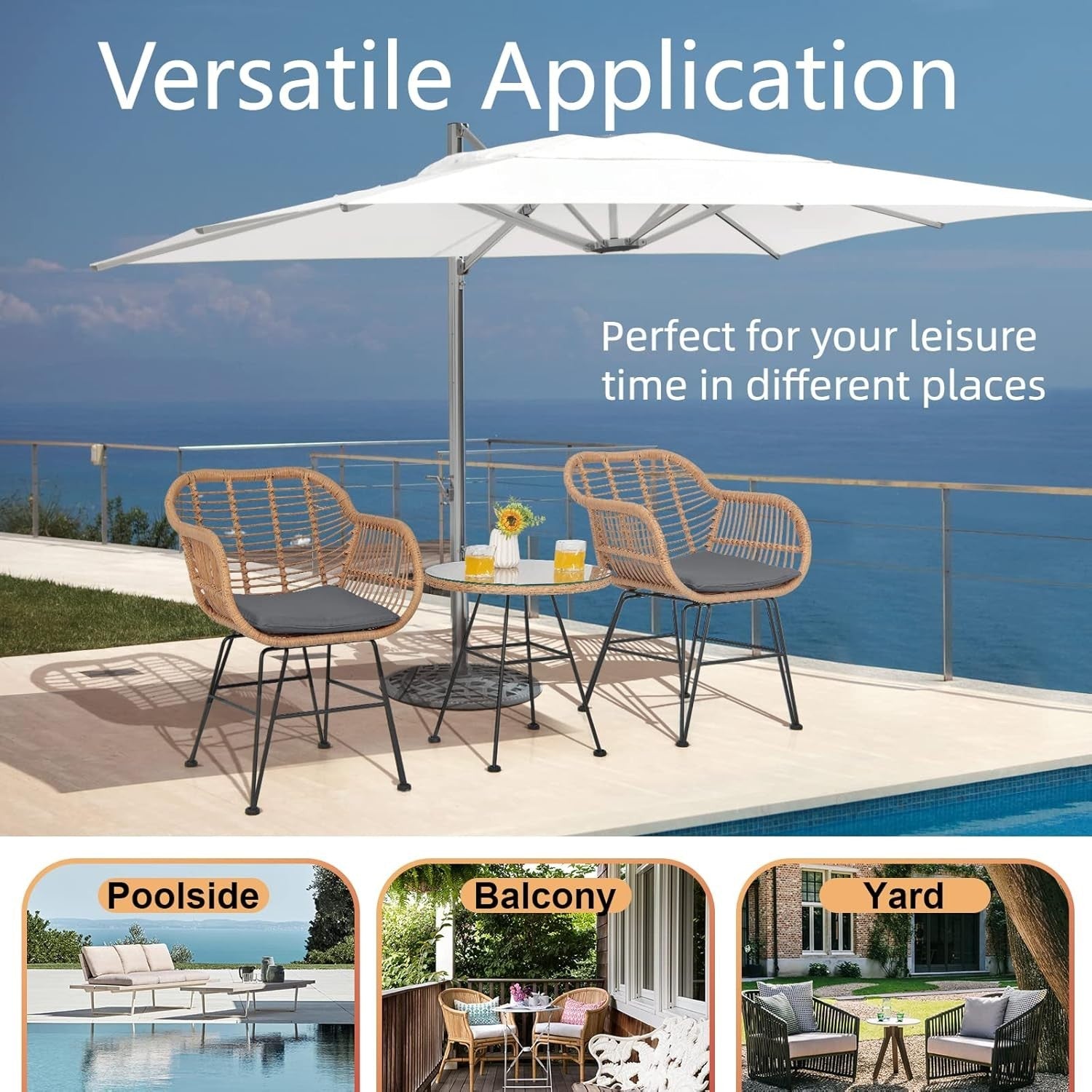 3 Piece Rattan Bistro Set Outdoor Patio Chairs with Glass Table & Cushions