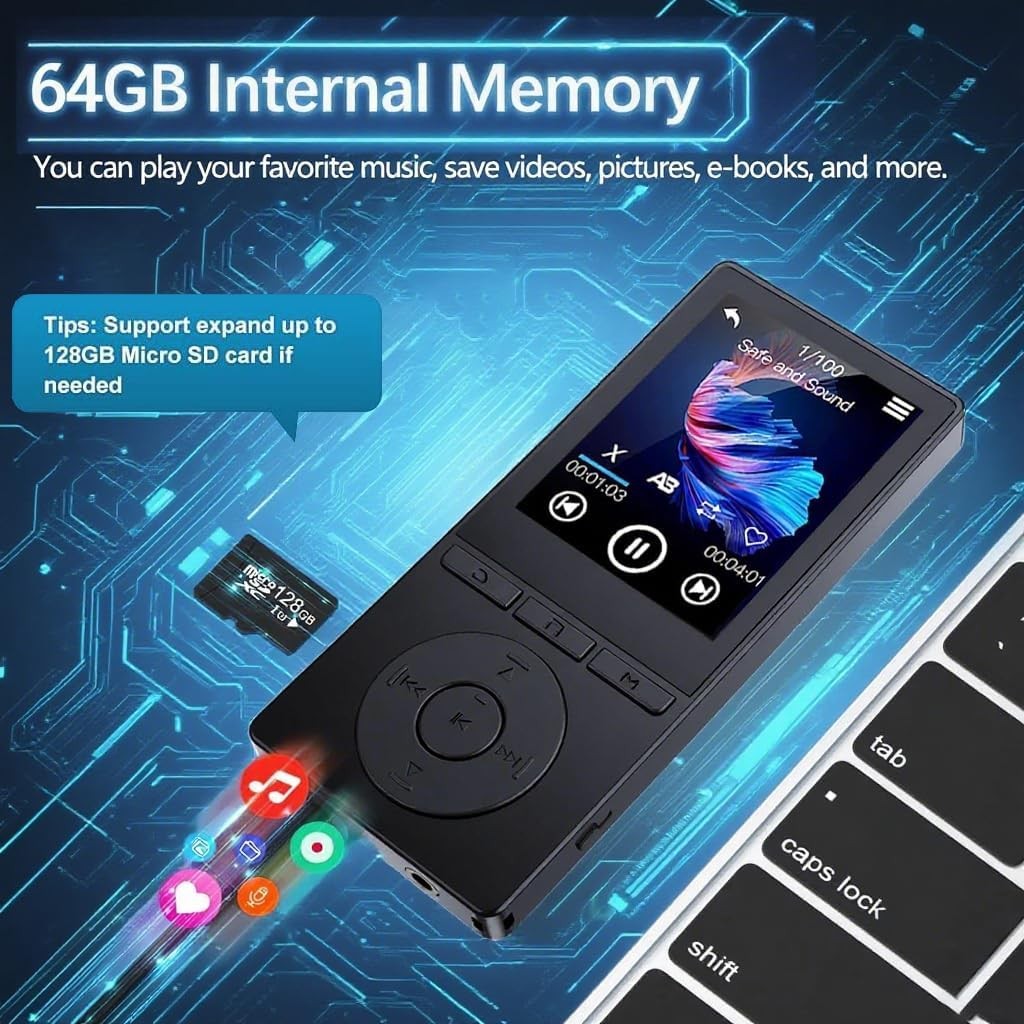 64GB MP3 Player Bluetooth 5.3 Music Player with FM Radio & Speaker