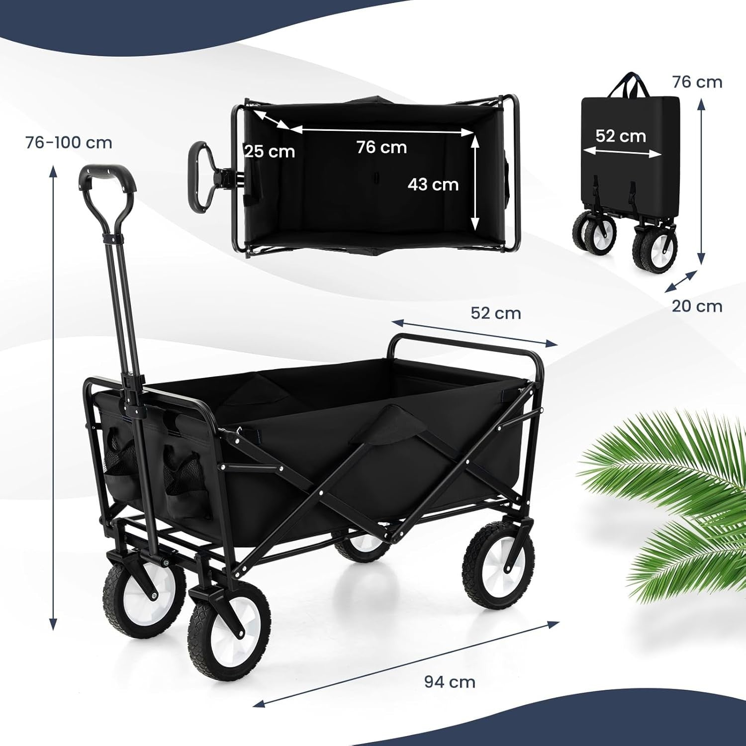 Black Folding Trolley Cart Collapsible Garden Wagon w/ Adjustable Handle & Bag