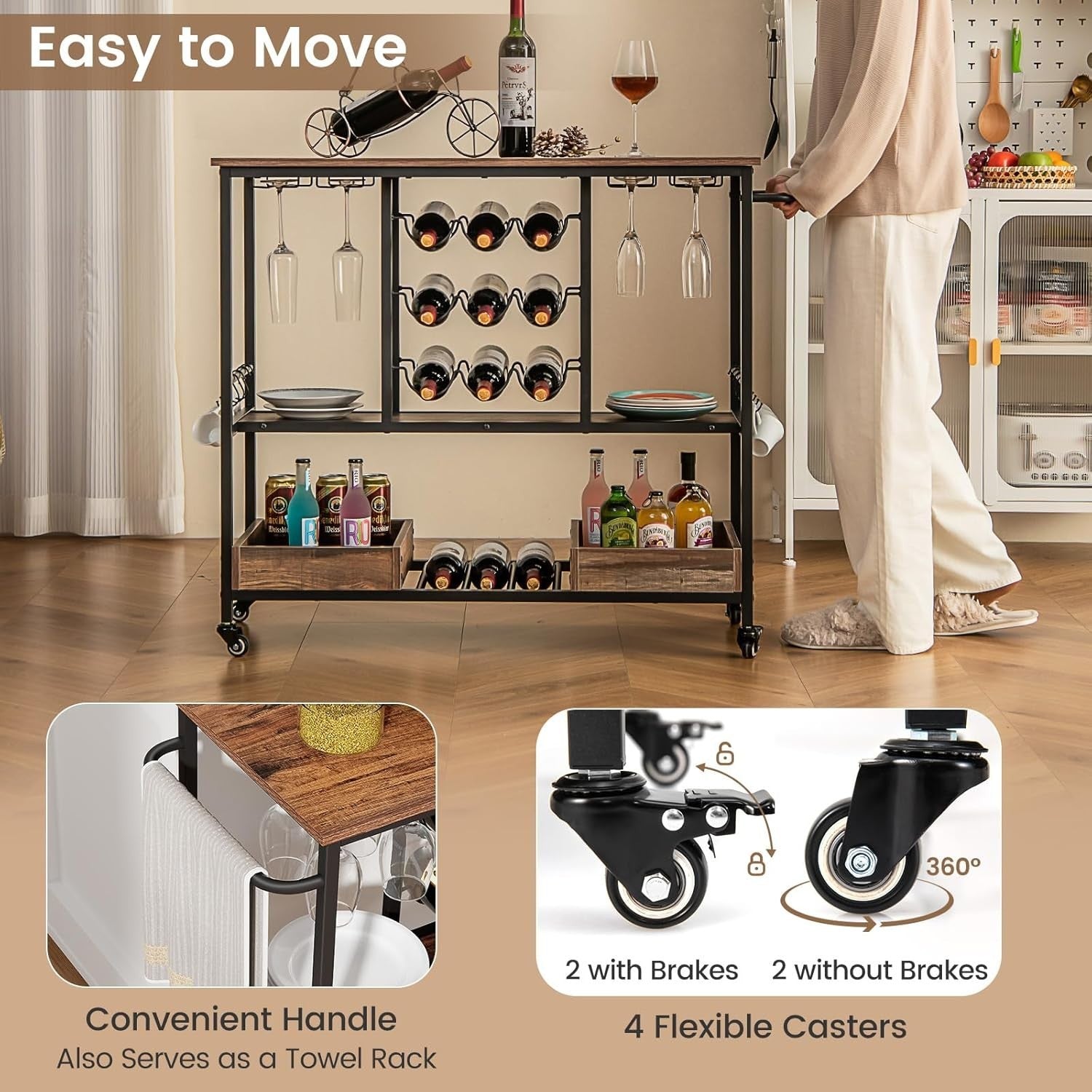 3 Tier Rolling Bar Cart 9 Bottle Wine Rack Drinks Trolley
