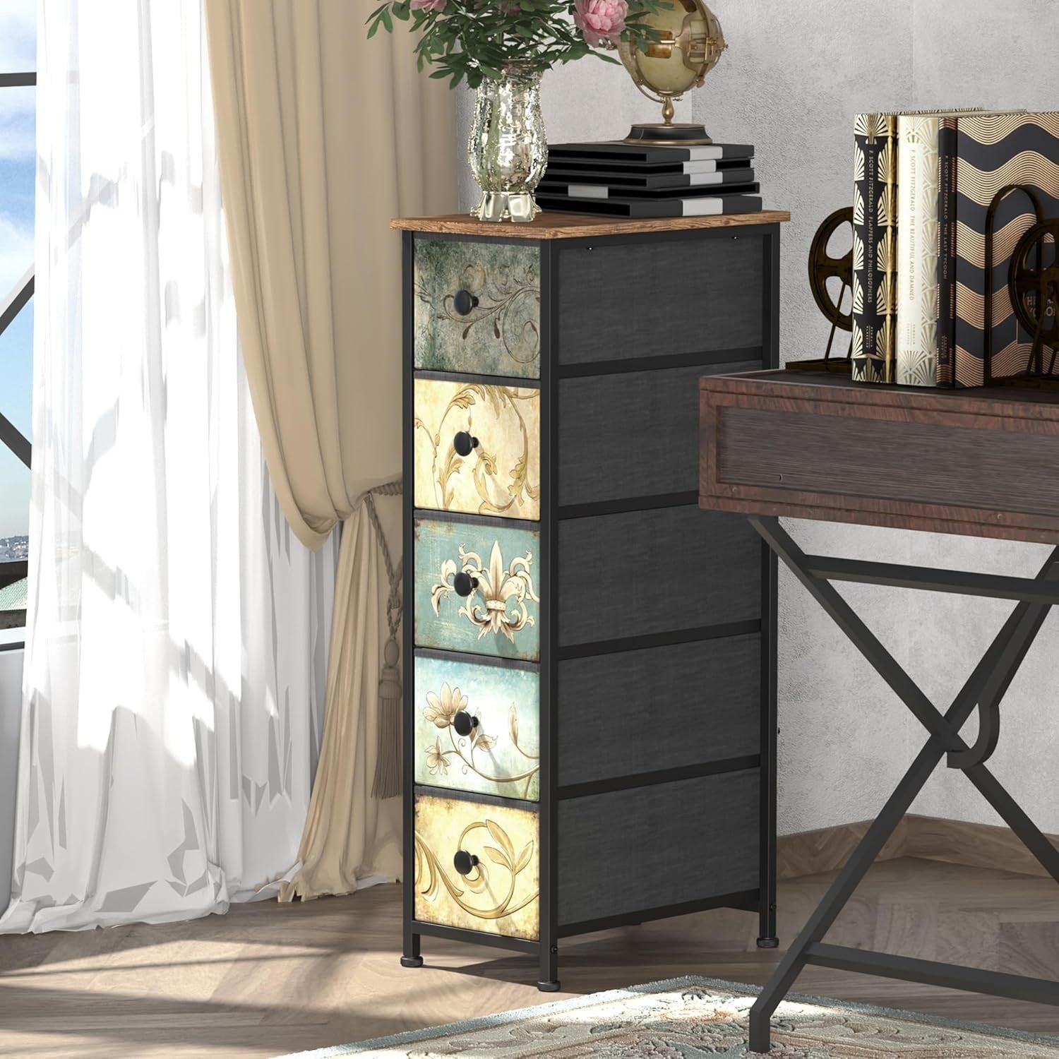 Slim 5 Drawer Tall Storage Cabinet Rustic Boho Unit Bedroom Hallway