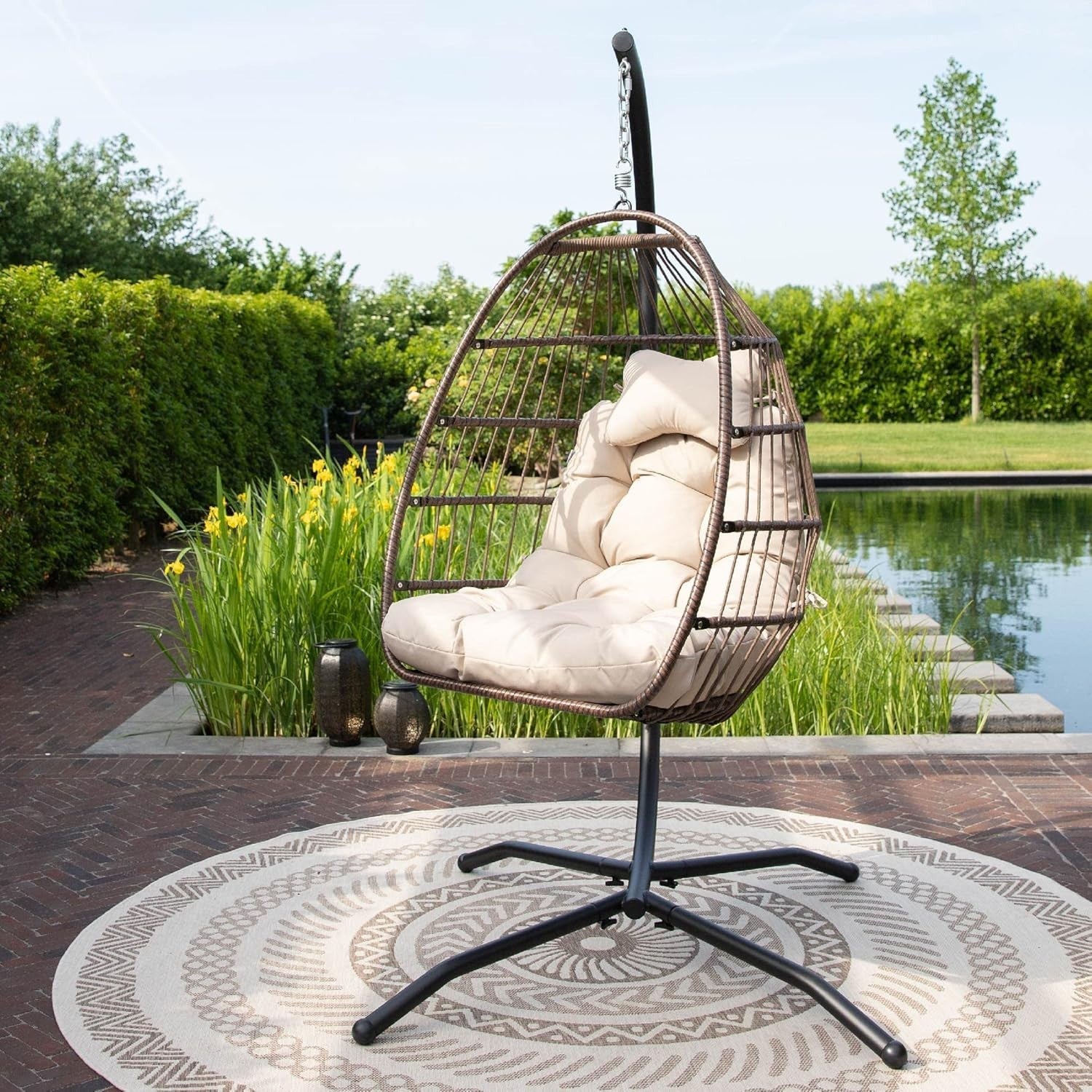 Foldable Hanging Egg Chair with Cushion for Garden Patio 150kg