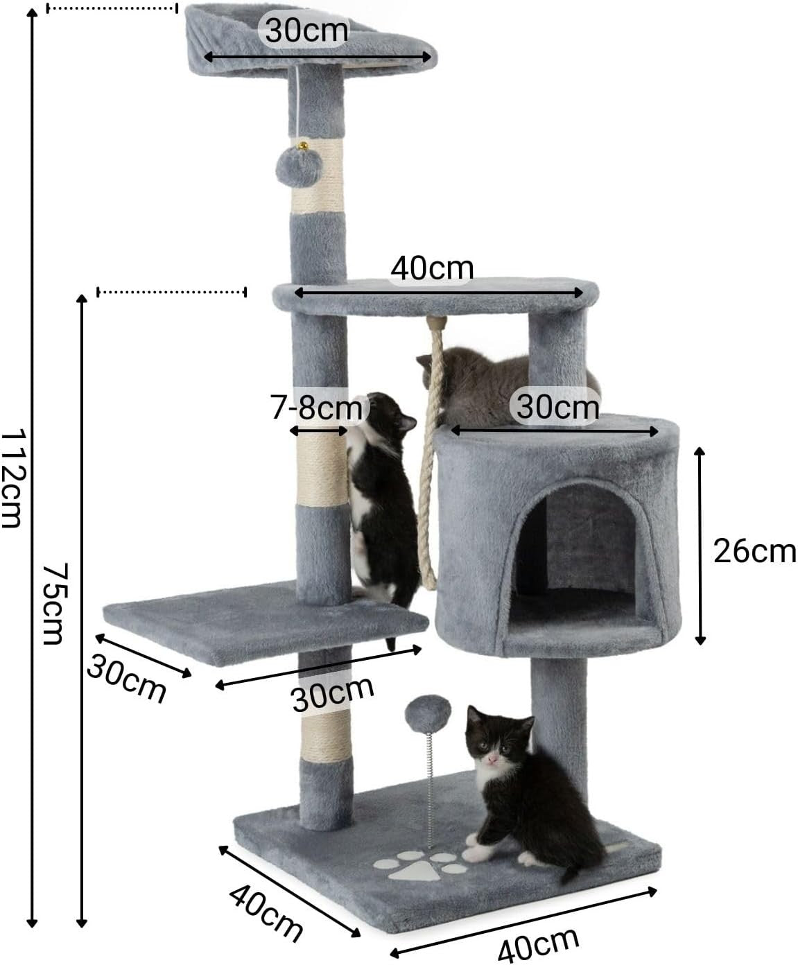 Cat Tree Scratching Post Tower 112cm with Condo Sisal Rope Light Grey