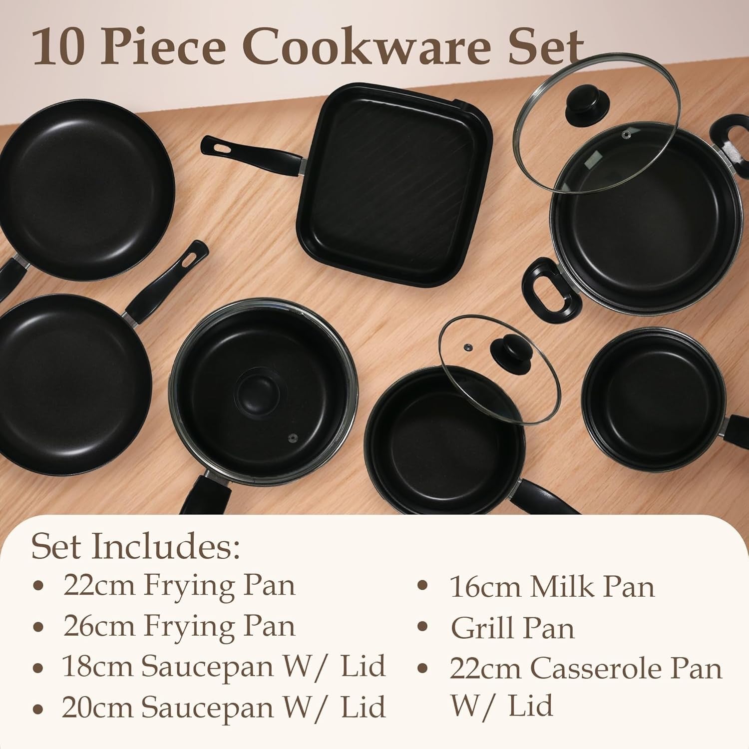10Pcs Rose Gold Non Stick Cookware Pots and Pans Set with Glass Lids & Grill Pan