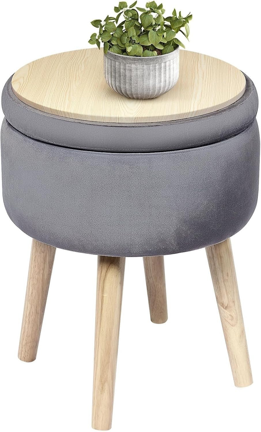 Grey Velvet Storage Ottoman Stool Round Footrest Coffee-Table Top Seat