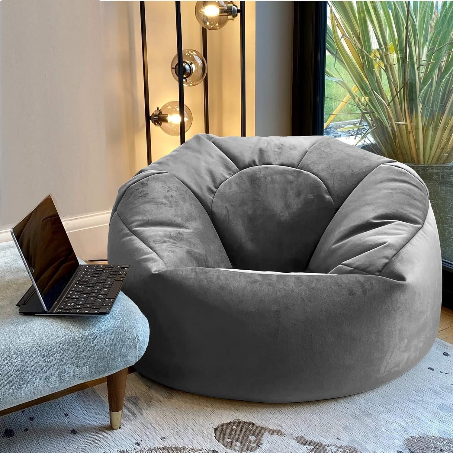 Plush Velvet Beanbag Chair Large Soft Lounger Indoor Floor Seating Grey