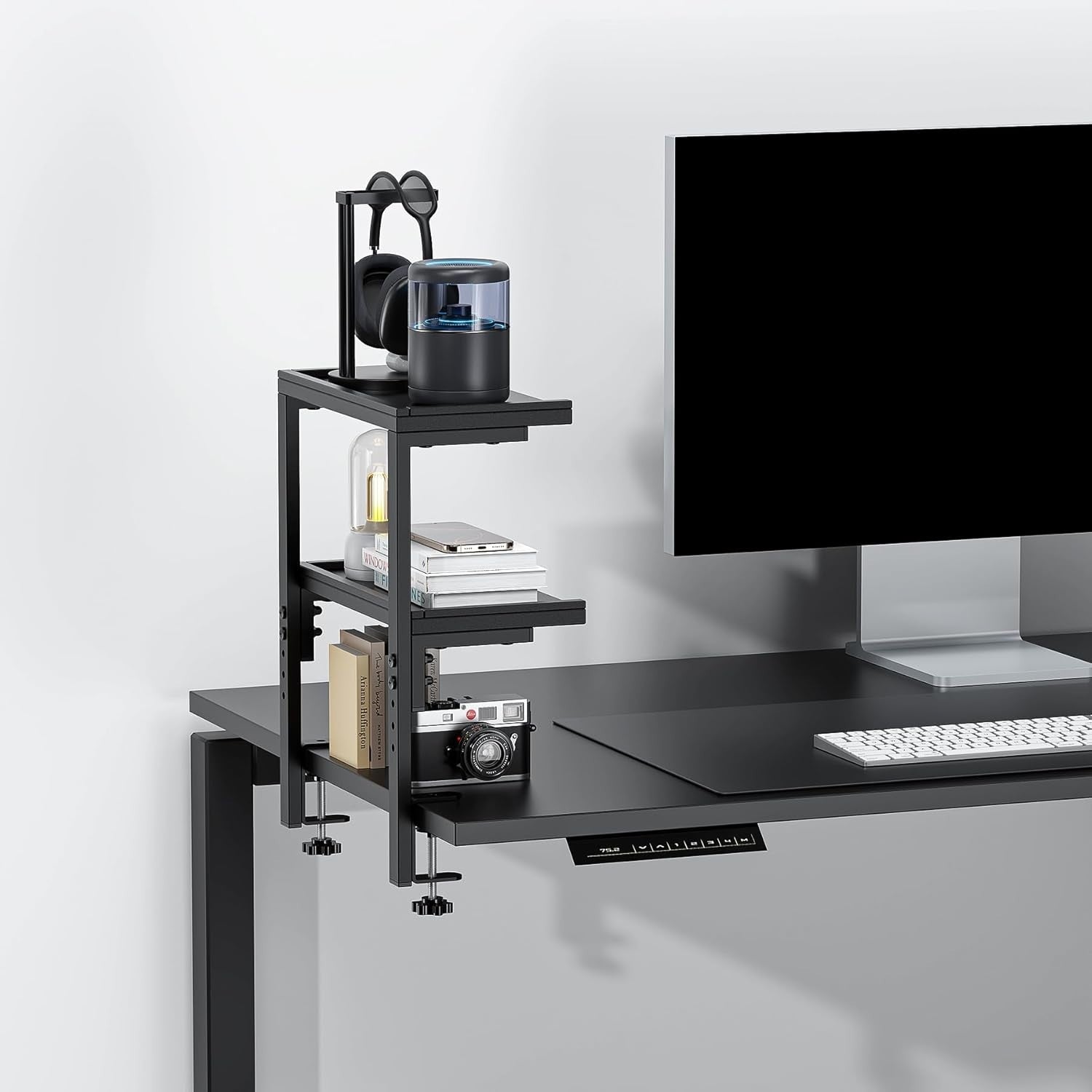 Clamp-On Desk Shelf 2-Tier Adjustable Desktop Organizer Storage Rack Black