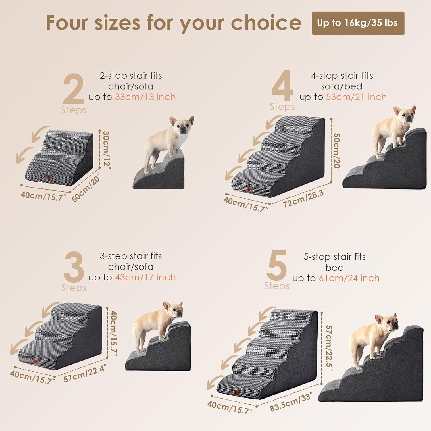 3 Step Dog Stairs for Bed Sofa Non Slip Foam Pet Steps Washable Grey
