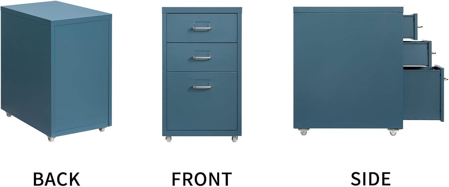 Dark Blue Metal Rolling Drawer Unit 3 Tier Under Desk Storage