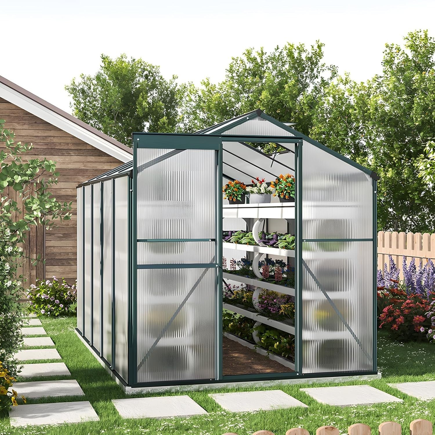 8x6FT Walk-In Polycarbonate Greenhouse with Base – Aluminium Frame, UV Resistant