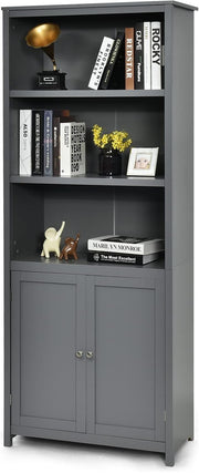 Grey 5-Tier Bookcase with Doors, Adjustable Shelves, Tall Freestanding Storage