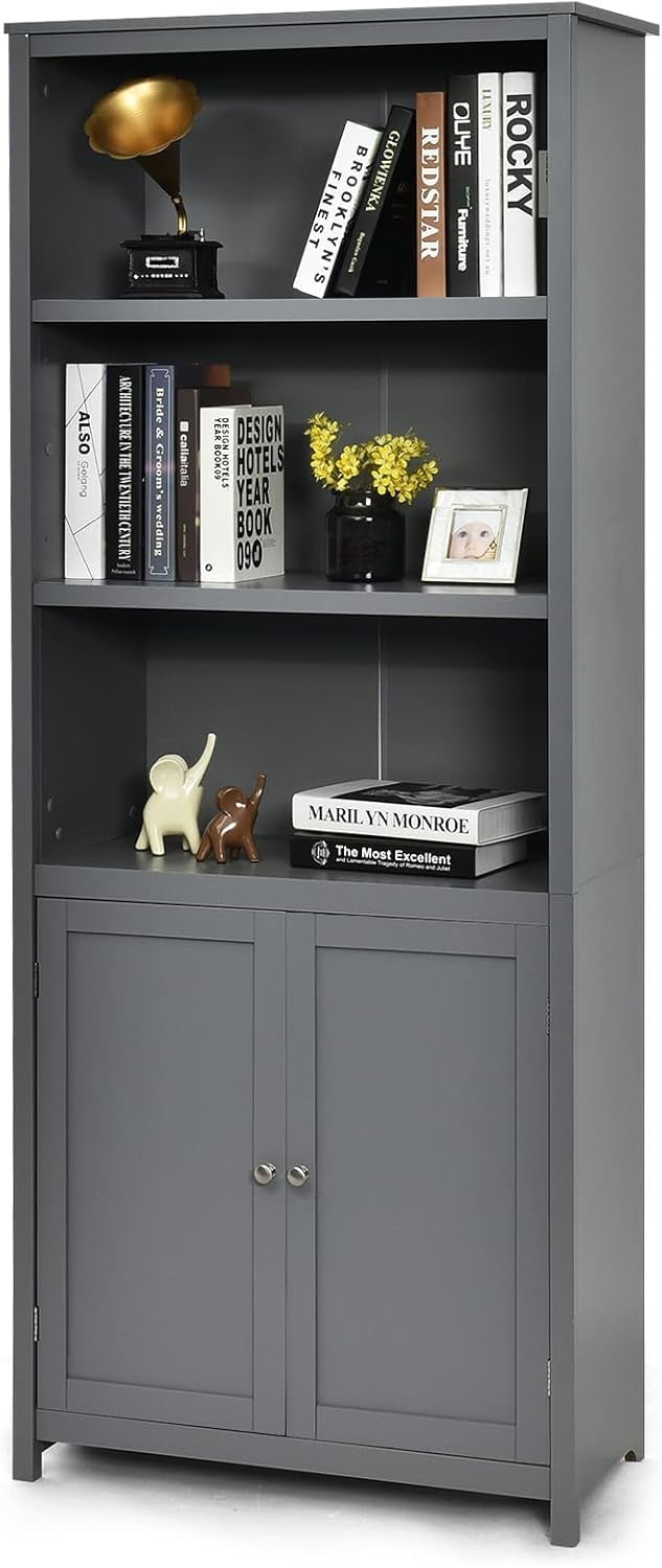 Grey 5-Tier Bookcase with Doors, Adjustable Shelves, Tall Freestanding Storage