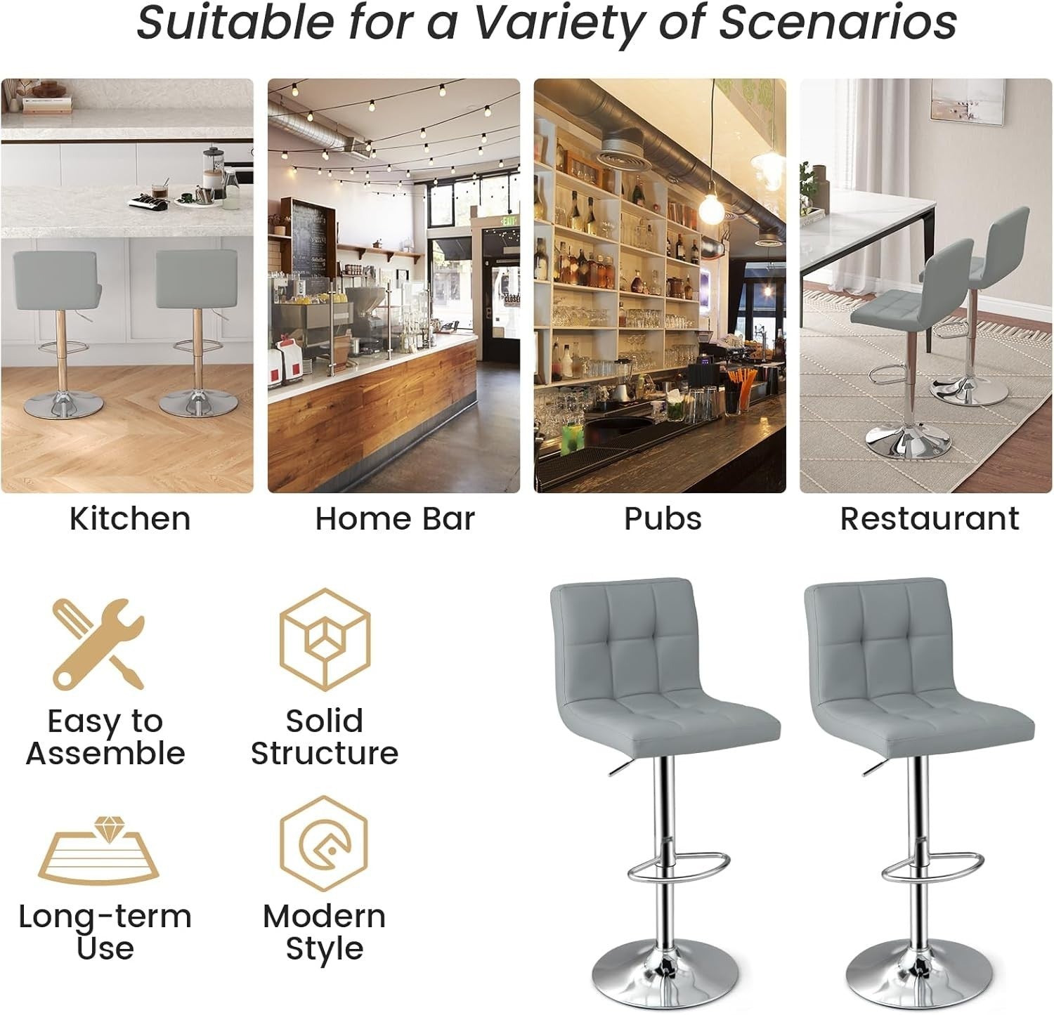 Set of 2 Adjustable Grey PU Leather Bar Stools with Swivel & Footrest