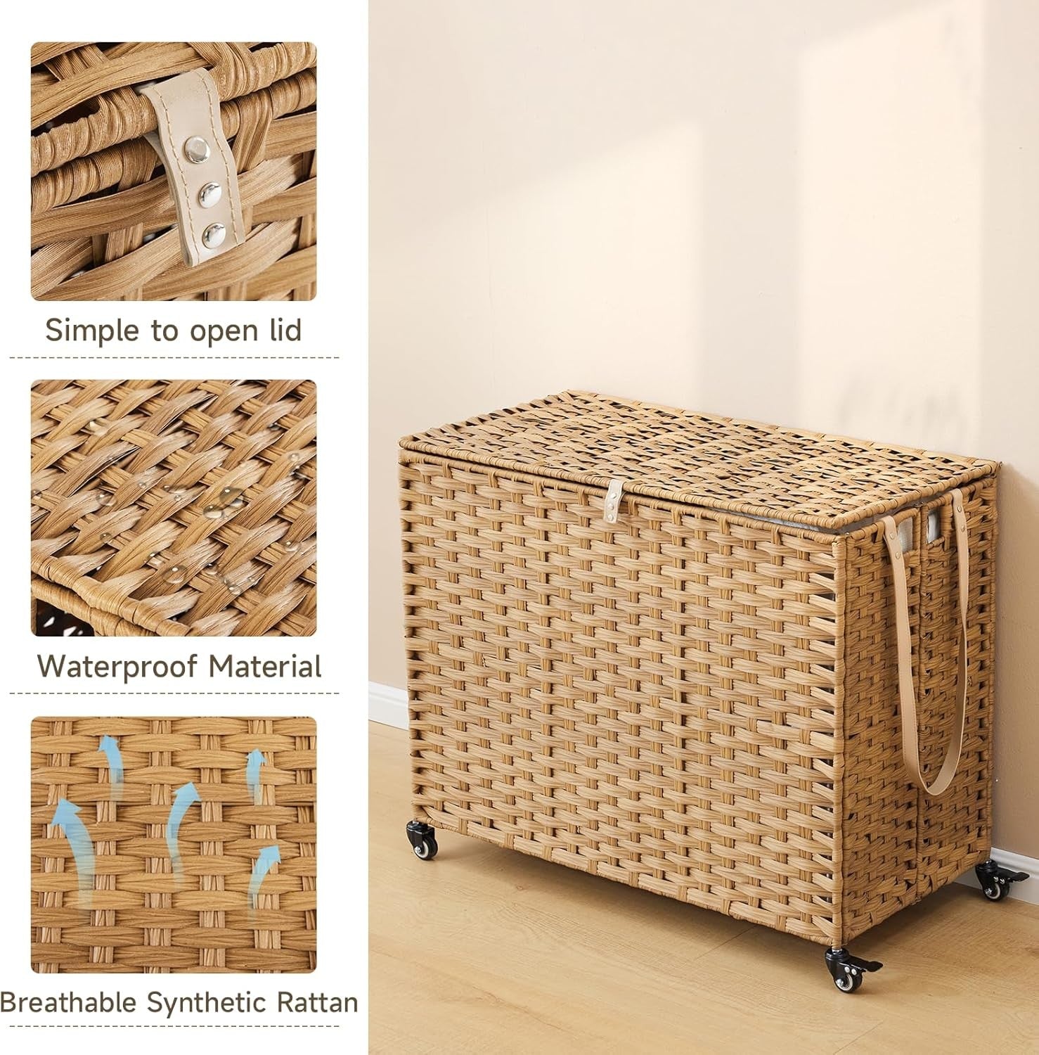 Large 200L Rattan Laundry Hamper on Wheels 3-Section Sorter with Lid & Bags