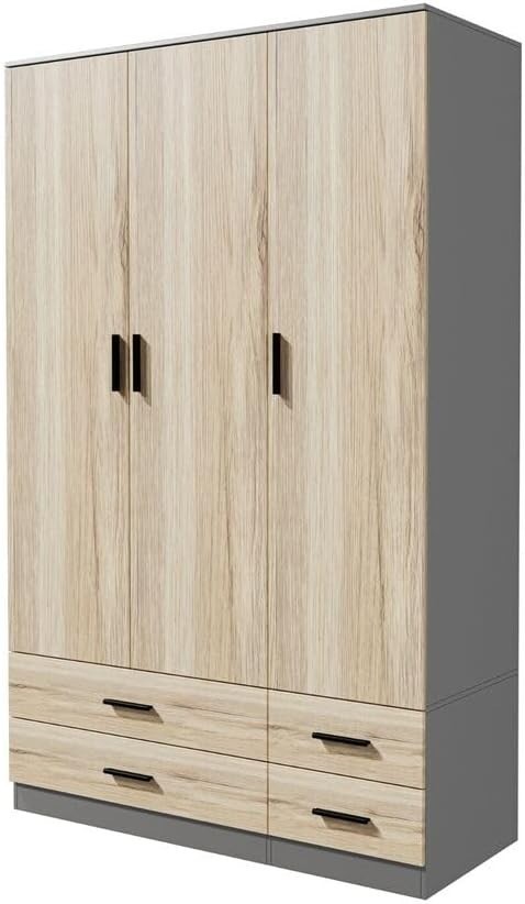 3 Door Wardrobe Grey Oak 4 Drawer Storage Hanging Rail Bedroom Cupboard
