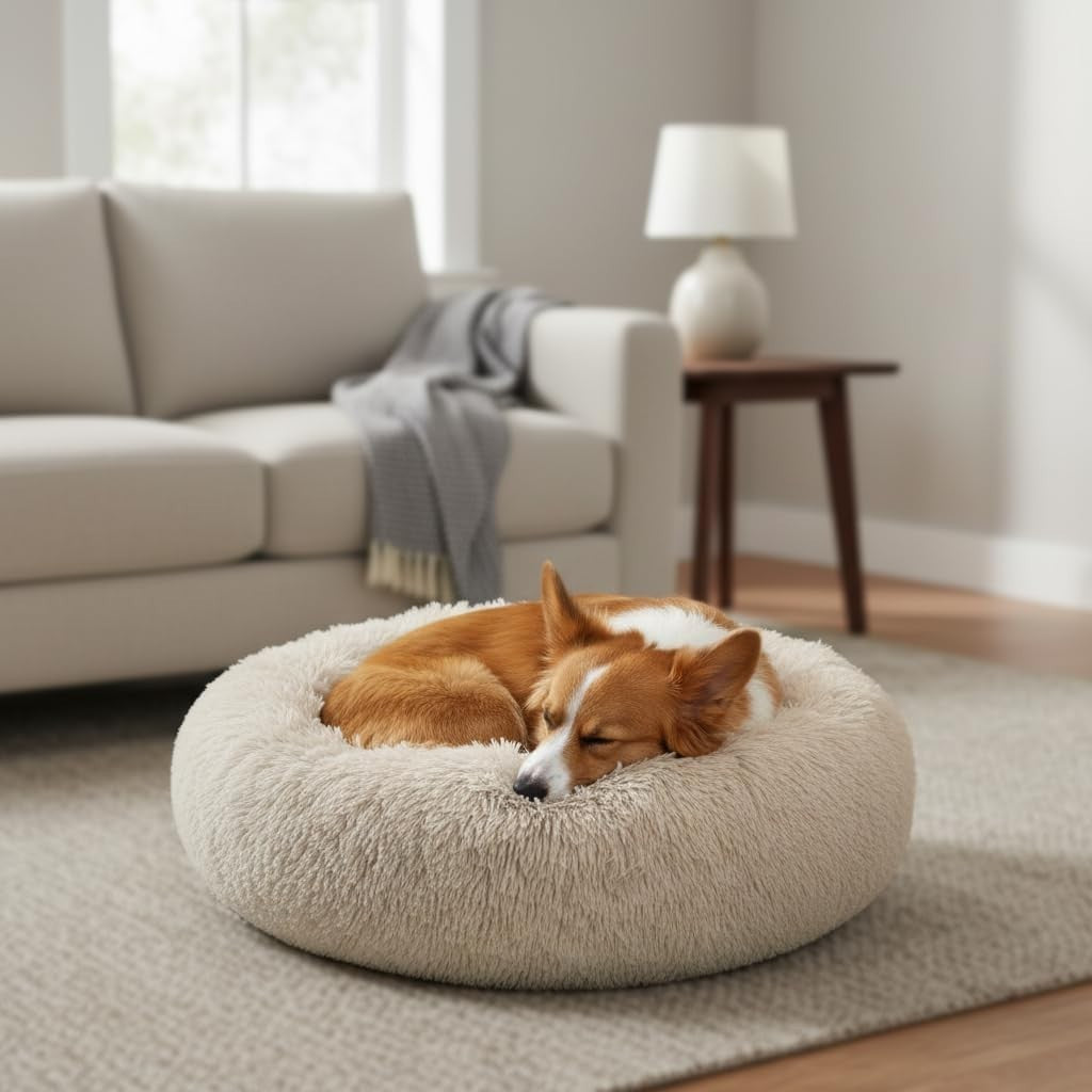 Calming Donut Dog Bed 30x30 Shag Fur Anti Anxiety Medium Taupe