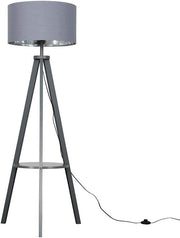 Grey Tripod Floor Lamp with Shelf & LED Bulb | 140cm Tall Modern Light