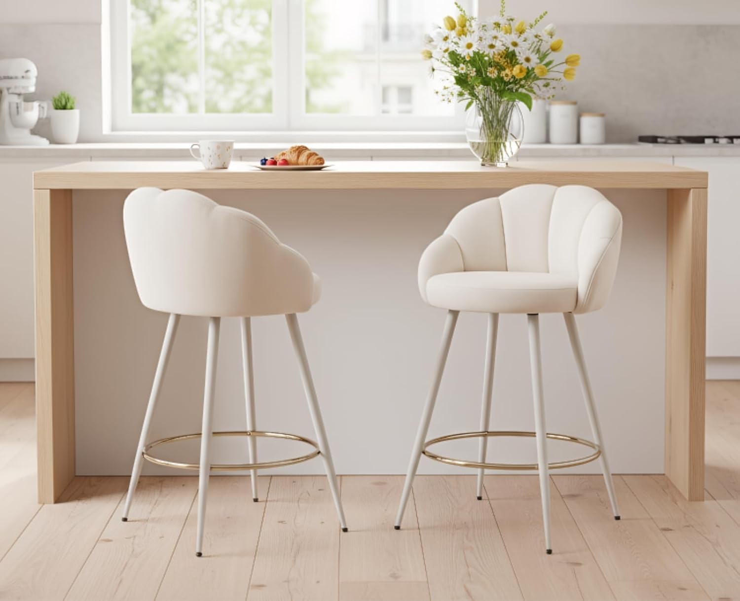 Beige Velvet Bar Stools Set of 2 Modern Kitchen Counter Breakfast Chairs