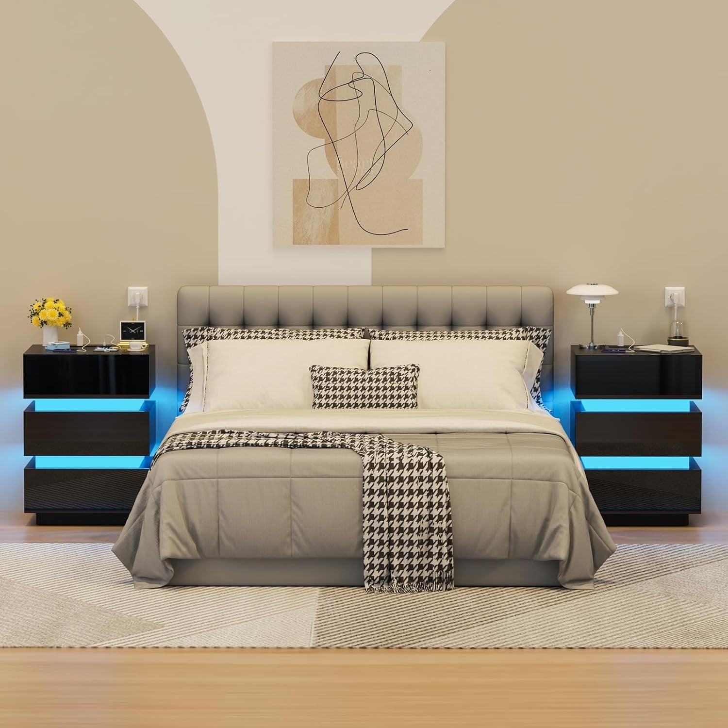 Black LED Bedside Table with USB Charging, Power Socket & 3 Drawers