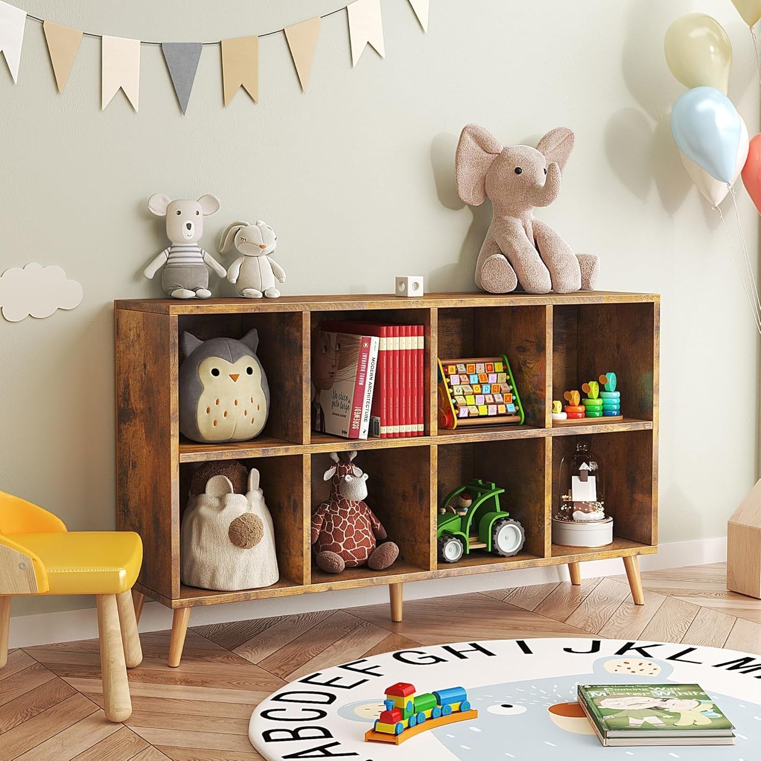 8 Cube Modern Bookcase with Legs Rustic Brown Wooden Storage Shelf 120cm