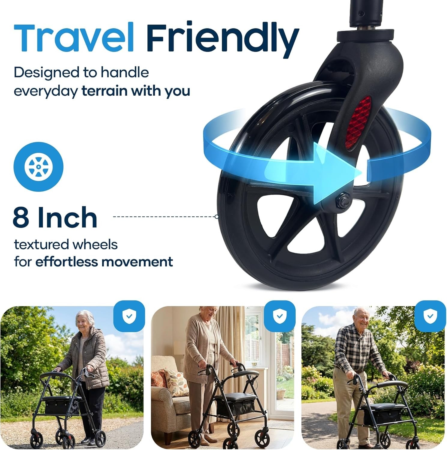 Lightweight 4 Wheel Rollator Walker Seat Adjustable Handles Folding Mobility