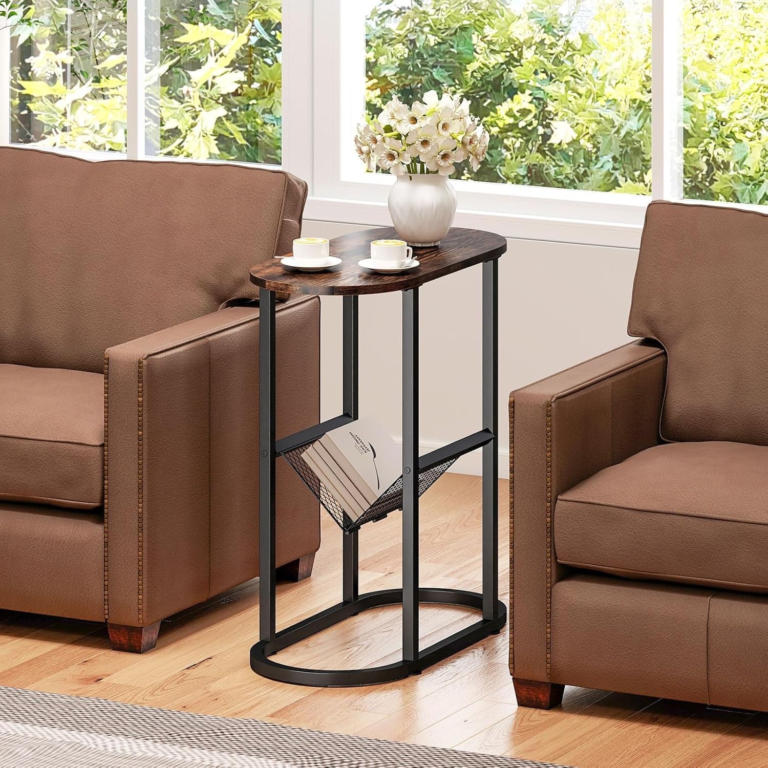 Slim Oval Side Table with Magazine Holder, 2-Tier Metal Frame Bedside Sofa Table