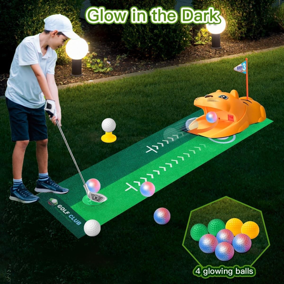 Kids Golf Training Set with Auto Ball Return LED Practice Mat & Clubs
