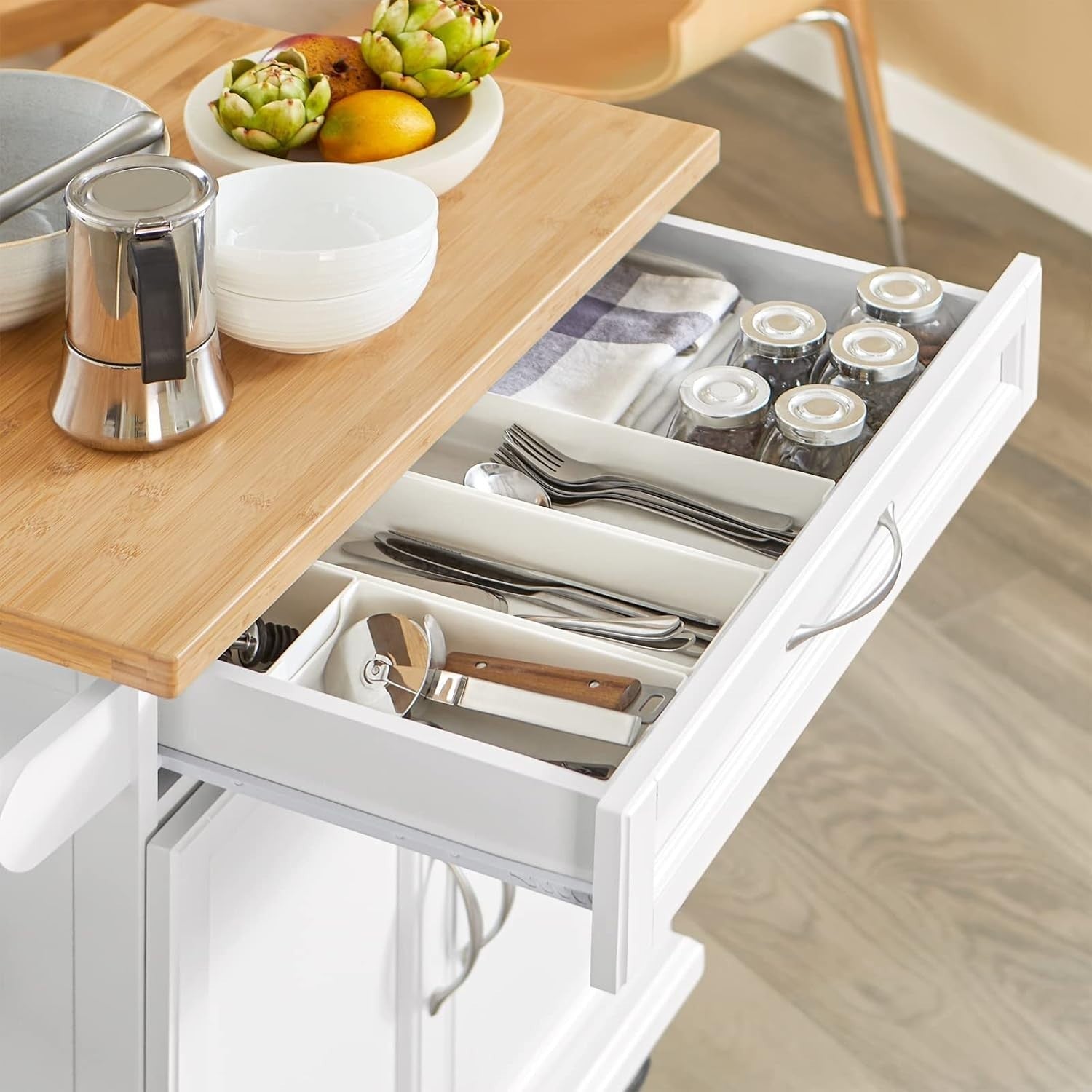 White Kitchen Trolley Bamboo Worktop Storage Cabinet Cart