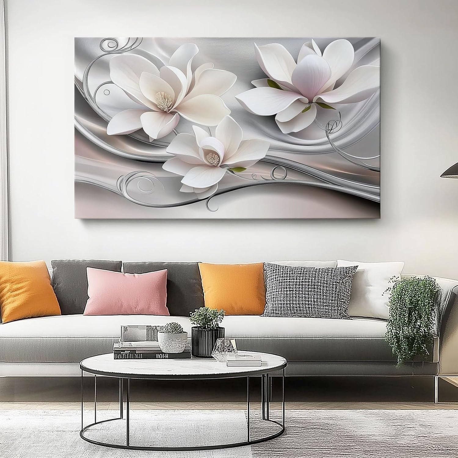 Large White Magnolia Canvas Wall Art 76x51cm Modern Grey Decor