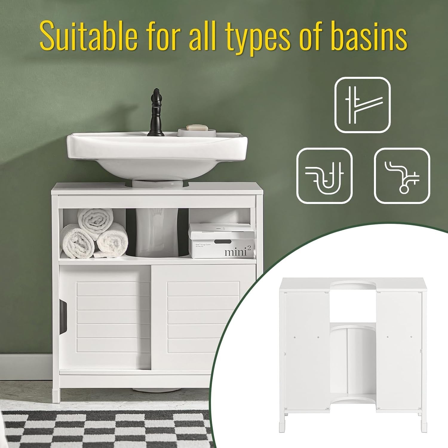 White Under Sink Bathroom Cabinet with Sliding Doors Storage Cupboard