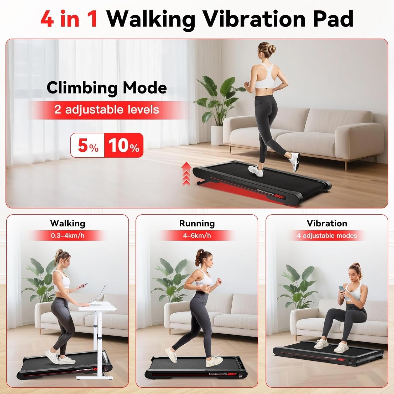 Portable Walking Vibration Pad Treadmill with Bluetooth Remote & Incline