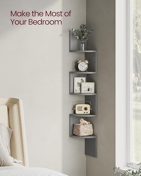 5 Tier Corner Wall Shelf Dove Grey Floating Storage Rack for Bedroom Living Room
