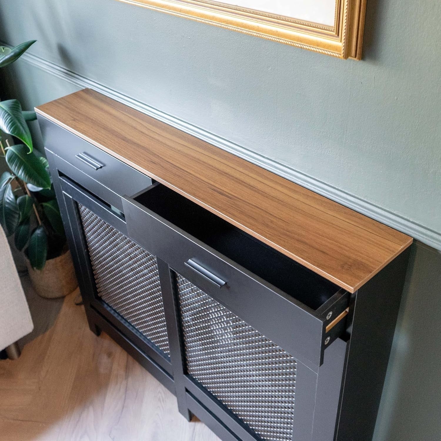 Black Radiator Cover with Drawer Diamond Slat W112xH96cm