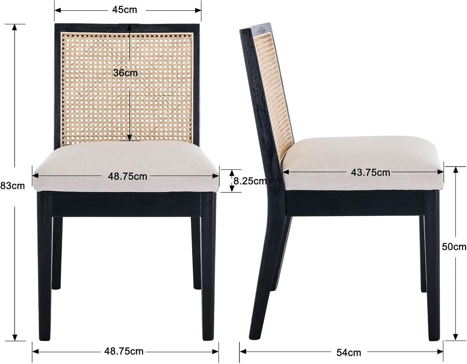 Set of 2 Black Rattan Dining Chairs Upholstered Linen Seat Wooden Frame
