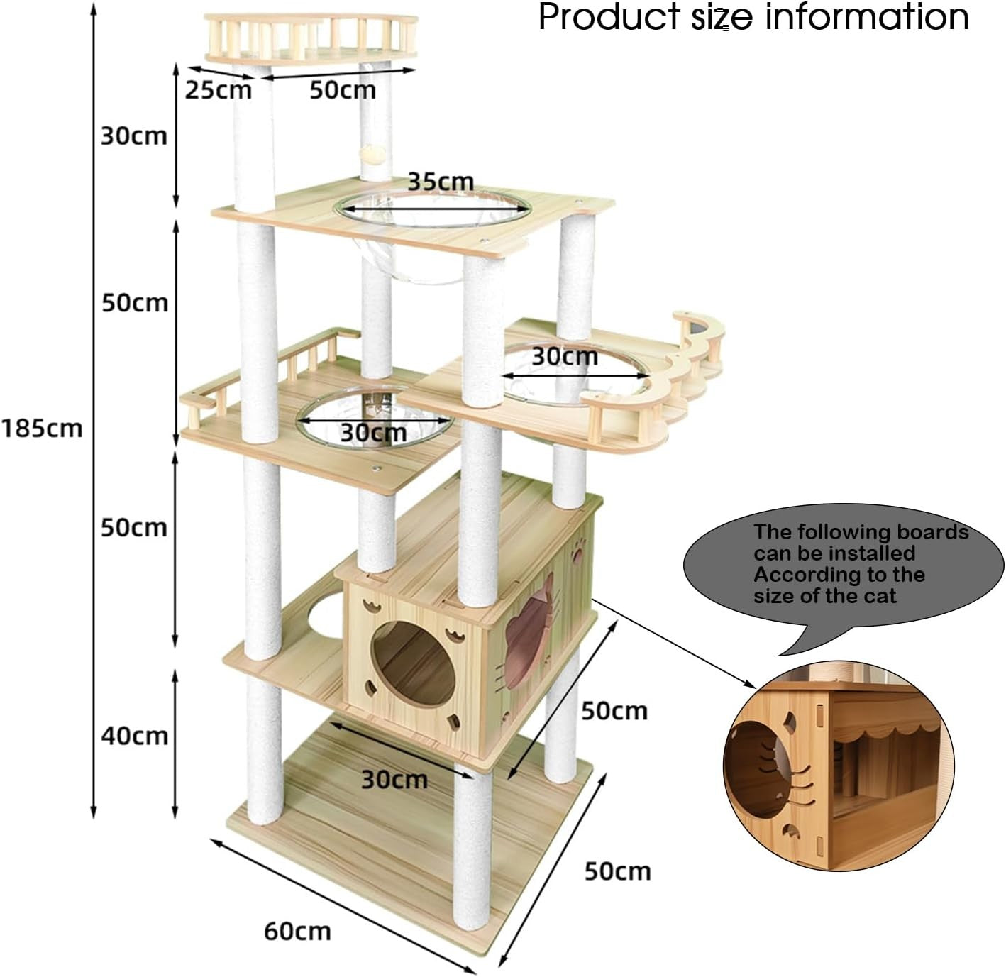185cm Cat Tree Tower White & Wood Multi Level Scratching Posts Condo Capsules