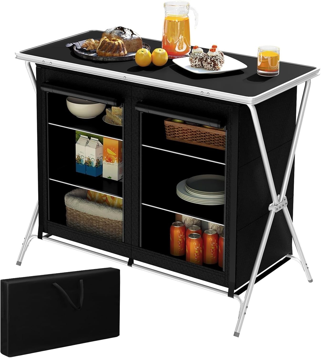 Camping Kitchen Table Foldable with Storage Cupboards & Carry Bag