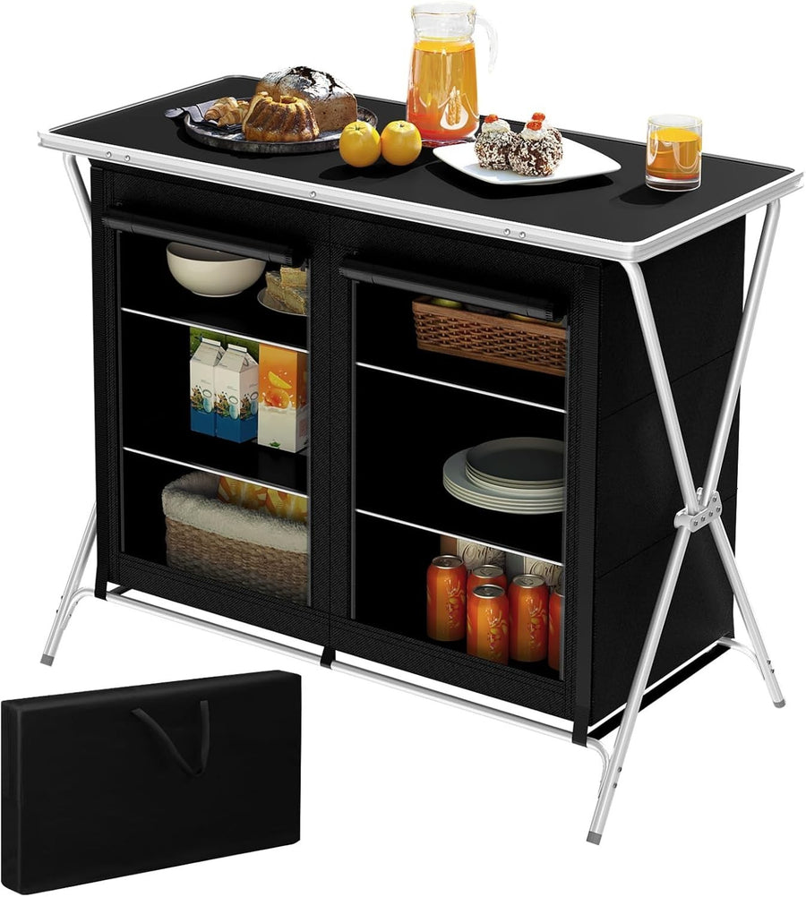 Camping Kitchen Table Foldable with Storage Cupboards & Carry Bag