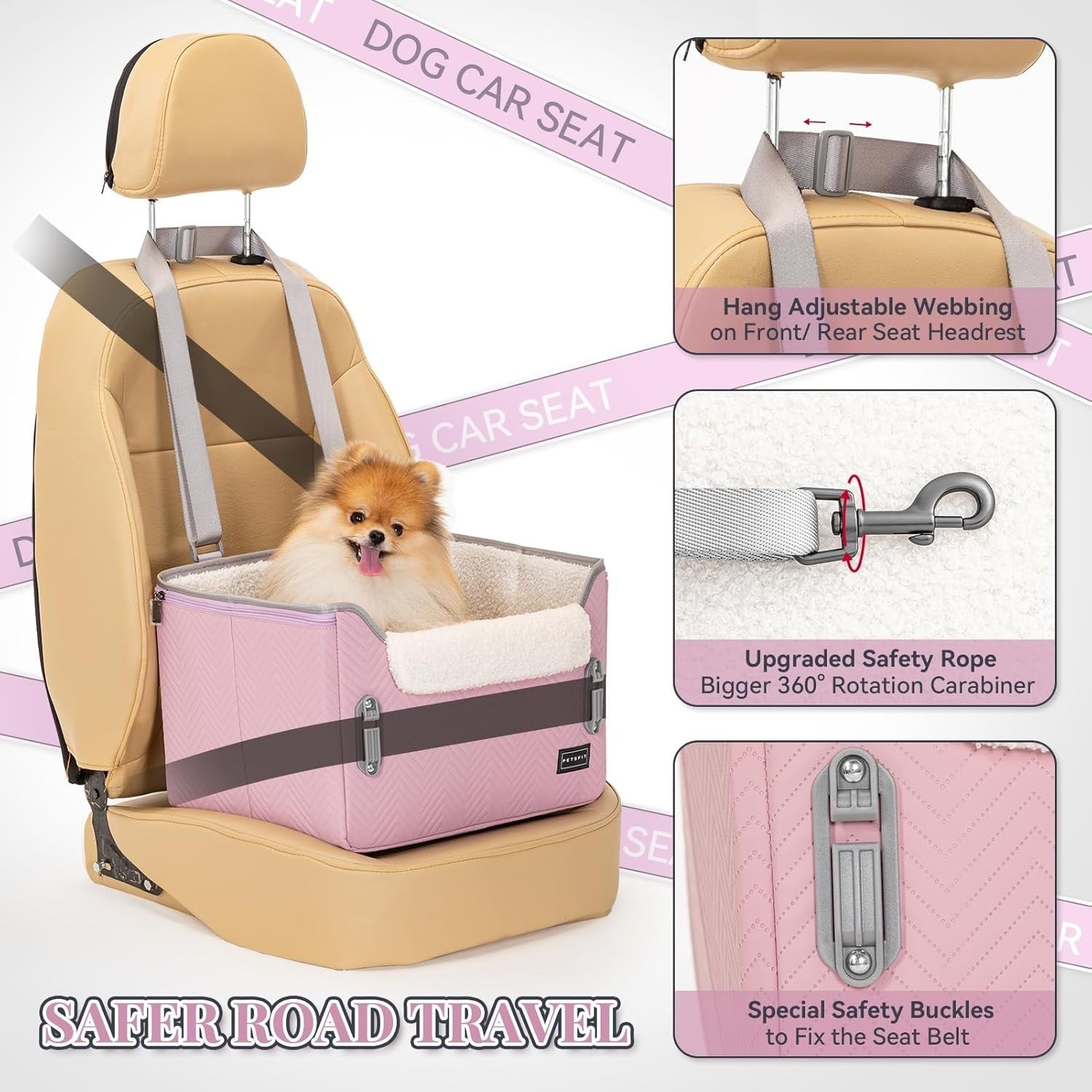 Pink Dog Booster Car Seat Adjustable Height Waterproof Travel Bed