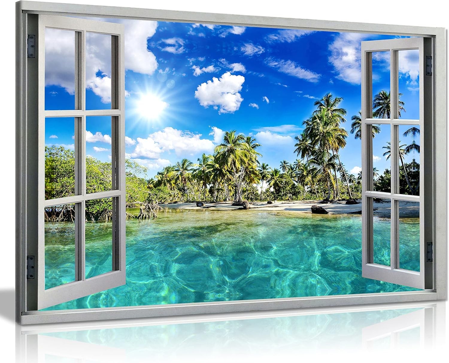 3D Window Caribbean Beach Canvas Wall Art Ocean View Living Room Decor 18x12