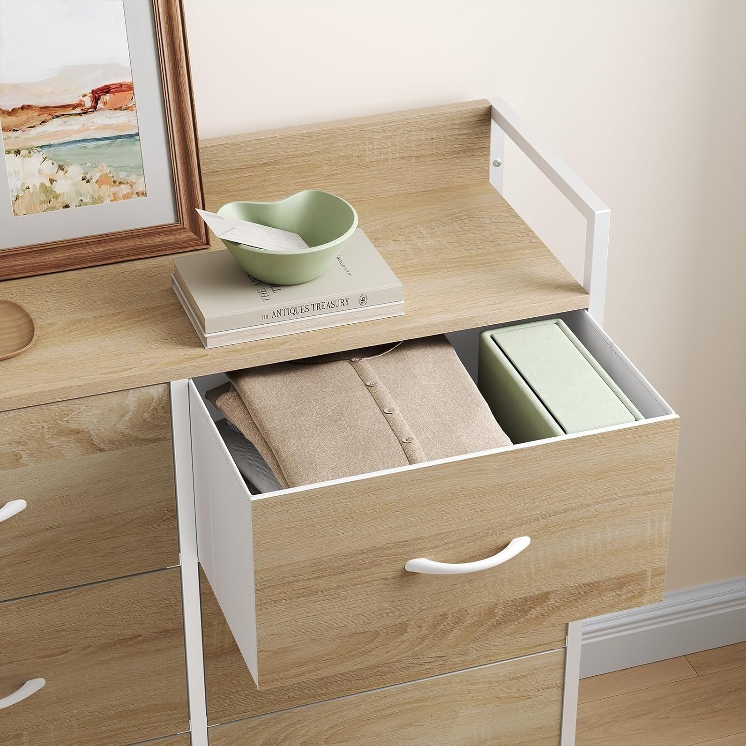 8 Drawer Fabric Chest with USB Ports Power Strip Light Oak White Storage Unit